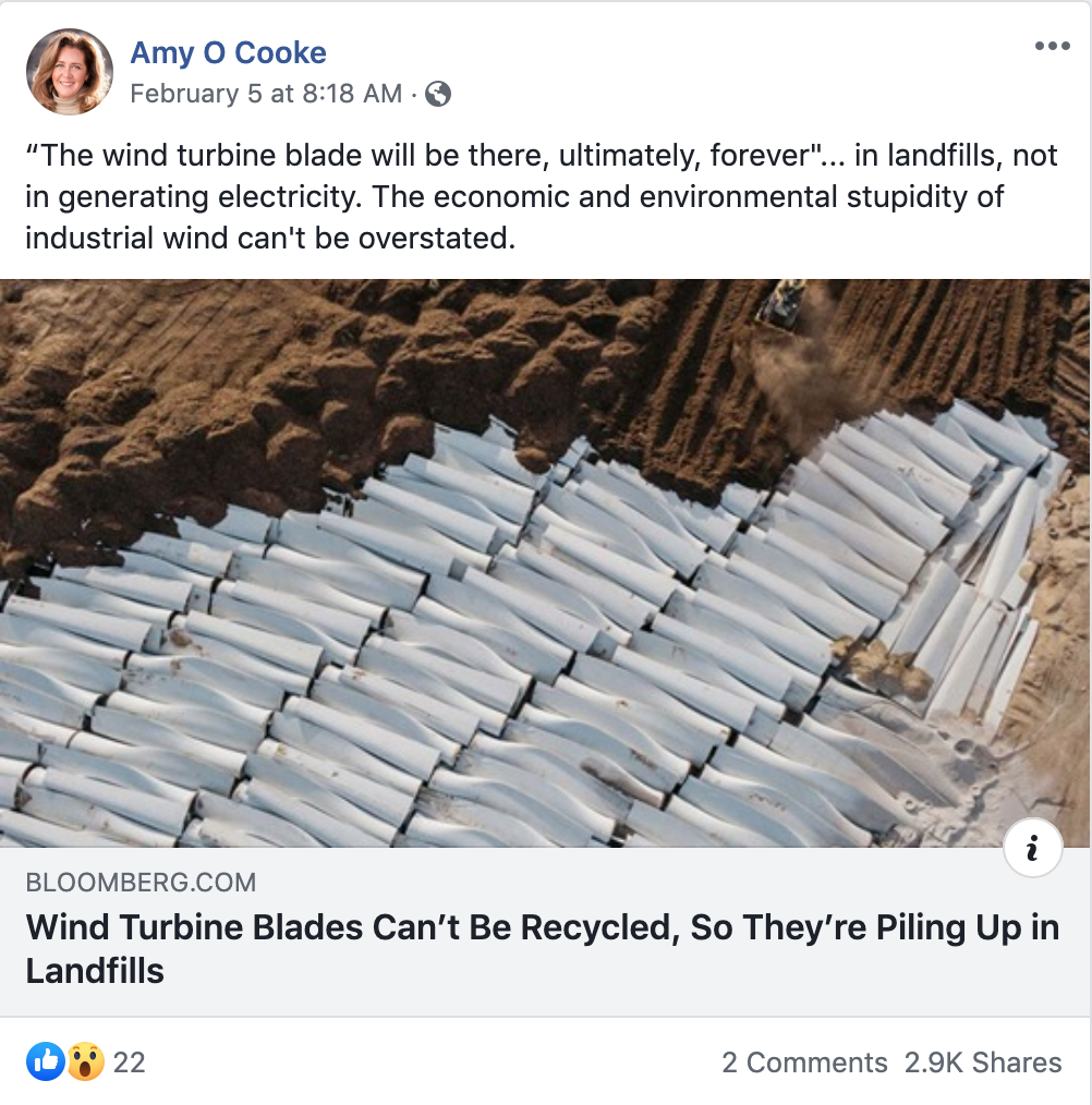 Facebook Post from "Amy O Cooke" featuring Bloomberg Green article titled "Wind Turbine Blades Can’t Be Recycled, So They’re Piling Up in Landfills"